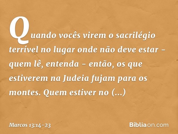 "Quando vocês virem 'o sacrilégio terrível' no lugar onde não deve estar - quem lê, entenda - então, os que estiverem na Judeia fujam para os montes. Quem estiv