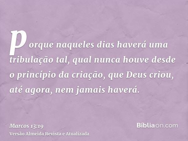 porque naqueles dias haverá uma tribulação tal, qual nunca houve desde o princípio da criação, que Deus criou, até agora, nem jamais haverá.