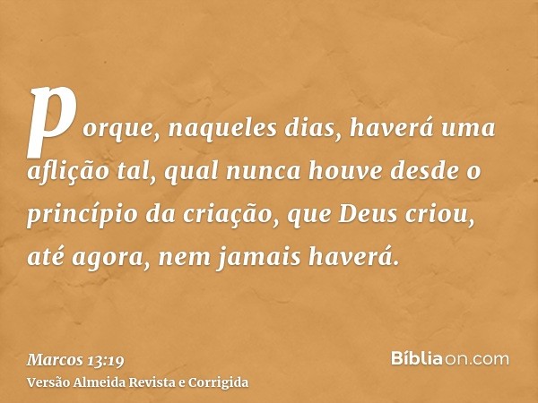 porque, naqueles dias, haverá uma aflição tal, qual nunca houve desde o princípio da criação, que Deus criou, até agora, nem jamais haverá.
