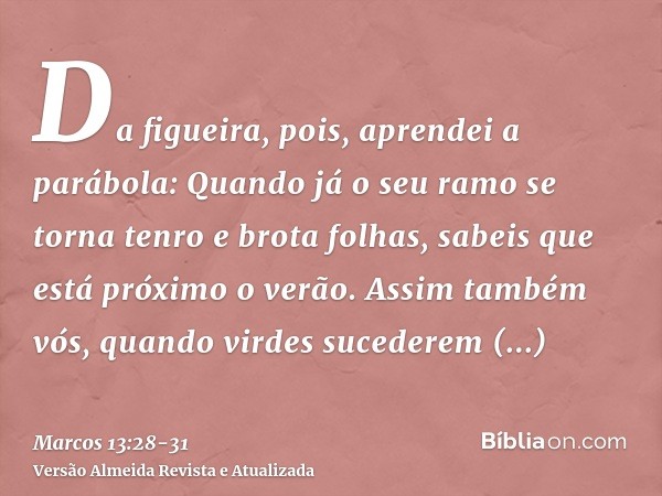 Da figueira, pois, aprendei a parábola: Quando já o seu ramo se torna tenro e brota folhas, sabeis que está próximo o verão.Assim também vós, quando virdes suce