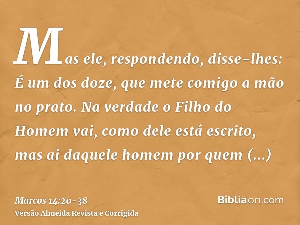 Mas ele, respondendo, disse-lhes: É um dos doze, que mete comigo a mão no prato.Na verdade o Filho do Homem vai, como dele está escrito, mas ai daquele homem po