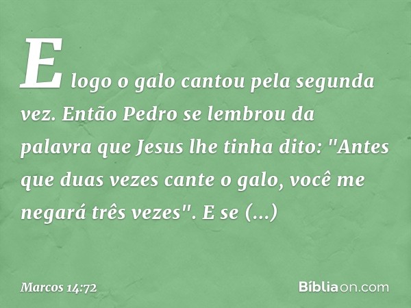 E logo o galo cantou pela segunda vez. Então Pedro se lembrou da palavra que Jesus lhe tinha dito: "Antes que duas vezes cante o galo, você me negará três vezes