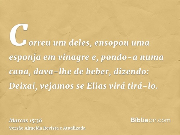 Correu um deles, ensopou uma esponja em vinagre e, pondo-a numa cana, dava-lhe de beber, dizendo: Deixai, vejamos se Elias virá tirá-lo.