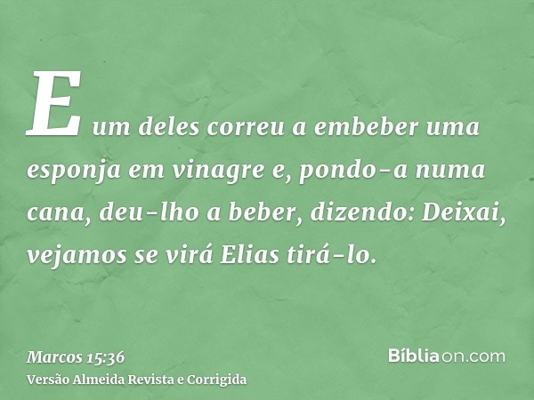 E um deles correu a embeber uma esponja em vinagre e, pondo-a numa cana, deu-lho a beber, dizendo: Deixai, vejamos se virá Elias tirá-lo.