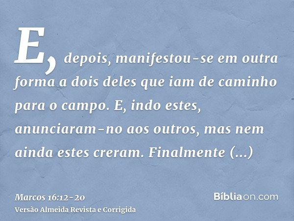 E, depois, manifestou-se em outra forma a dois deles que iam de caminho para o campo.E, indo estes, anunciaram-no aos outros, mas nem ainda estes creram.Finalme