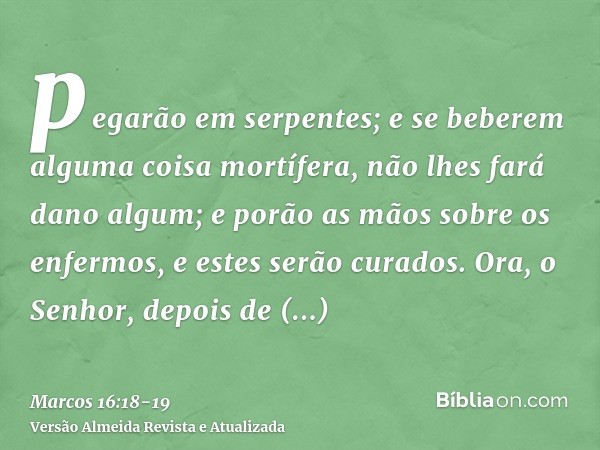 pegarão em serpentes; e se beberem alguma coisa mortífera, não lhes fará dano algum; e porão as mãos sobre os enfermos, e estes serão curados.Ora, o Senhor, dep