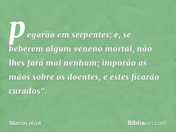 pegarão em serpentes; e, se beberem algum veneno mortal, não lhes fará mal nenhum; imporão as mãos sobre os doentes, e estes ficarão curados". -- Marcos 16:18