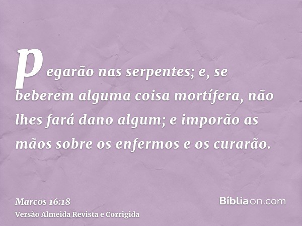 pegarão nas serpentes; e, se beberem alguma coisa mortífera, não lhes fará dano algum; e imporão as mãos sobre os enfermos e os curarão.