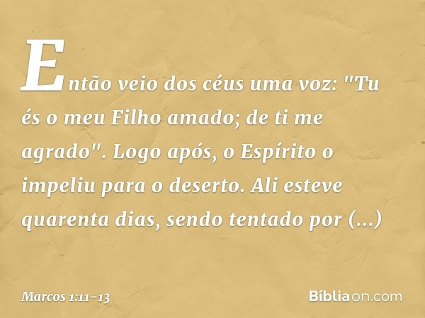 Então veio dos céus uma voz: "Tu és o meu Filho amado; de ti me agrado". Logo após, o Espírito o impeliu para o deserto. Ali esteve quarenta dias, sendo tentado