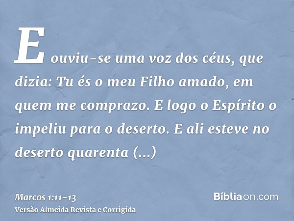 E ouviu-se uma voz dos céus, que dizia: Tu és o meu Filho amado, em quem me comprazo.E logo o Espírito o impeliu para o deserto.E ali esteve no deserto quarenta