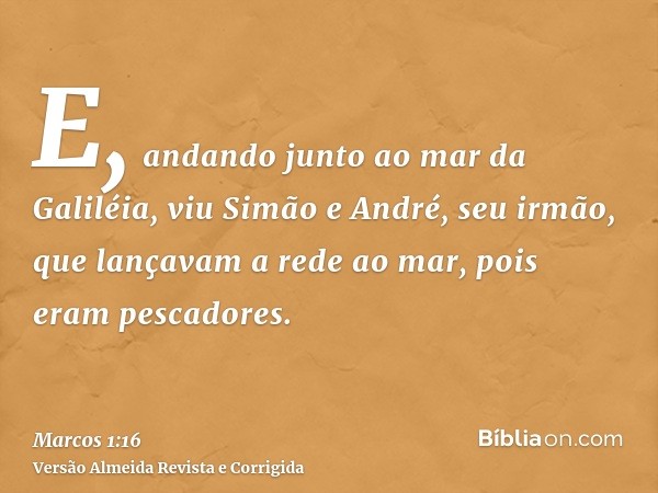 E, andando junto ao mar da Galiléia, viu Simão e André, seu irmão, que lançavam a rede ao mar, pois eram pescadores.