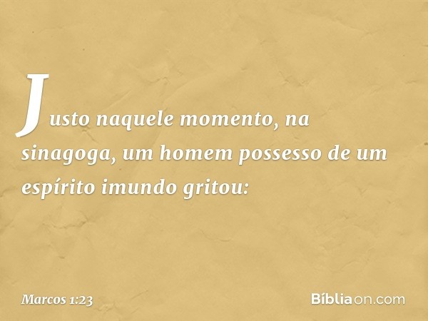 Justo naquele momento, na sinagoga, um homem possesso de um espírito imundo gritou: -- Marcos 1:23