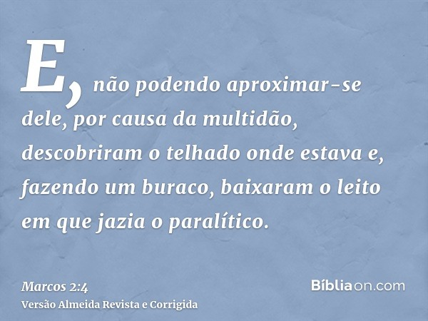 E, não podendo aproximar-se dele, por causa da multidão, descobriram o telhado onde estava e, fazendo um buraco, baixaram o leito em que jazia o paralítico.
