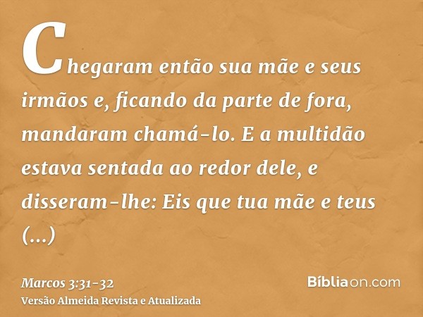 Chegaram então sua mãe e seus irmãos e, ficando da parte de fora, mandaram chamá-lo.E a multidão estava sentada ao redor dele, e disseram-lhe: Eis que tua mãe e