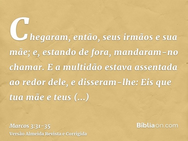 Chegaram, então, seus irmãos e sua mãe; e, estando de fora, mandaram-no chamar.E a multidão estava assentada ao redor dele, e disseram-lhe: Eis que tua mãe e te