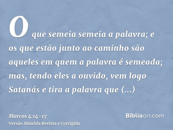 O que semeia semeia a palavra;e os que estão junto ao caminho são aqueles em quem a palavra é semeada; mas, tendo eles a ouvido, vem logo Satanás e tira a palav