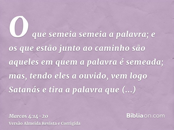 O que semeia semeia a palavra;e os que estão junto ao caminho são aqueles em quem a palavra é semeada; mas, tendo eles a ouvido, vem logo Satanás e tira a palav