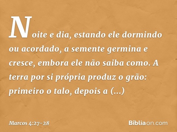 Noite e dia, estando ele dormindo ou acordado, a semente germina e cresce, embora ele não saiba como. A terra por si própria produz o grão: primeiro o talo, dep