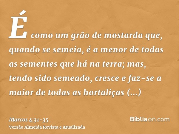 É como um grão de mostarda que, quando se semeia, é a menor de todas as sementes que há na terra;mas, tendo sido semeado, cresce e faz-se a maior de todas as ho