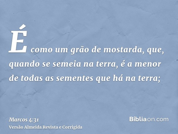 É como um grão de mostarda, que, quando se semeia na terra, é a menor de todas as sementes que há na terra;