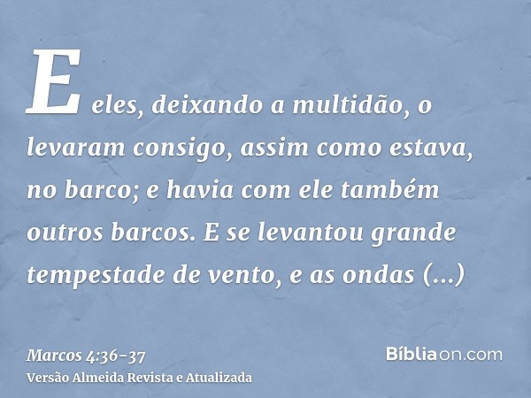 E eles, deixando a multidão, o levaram consigo, assim como estava, no barco; e havia com ele também outros barcos.E se levantou grande tempestade de vento, e as