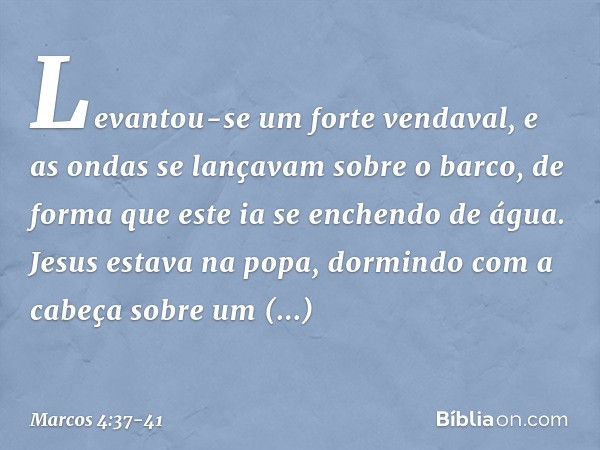 Levantou-se um forte vendaval, e as ondas se lançavam sobre o barco, de forma que este ia se enchendo de água. Jesus estava na popa, dormindo com a cabeça sobre