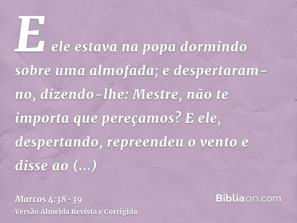 E ele estava na popa dormindo sobre uma almofada; e despertaram-no, dizendo-lhe: Mestre, não te importa que pereçamos?E ele, despertando, repreendeu o vento e d