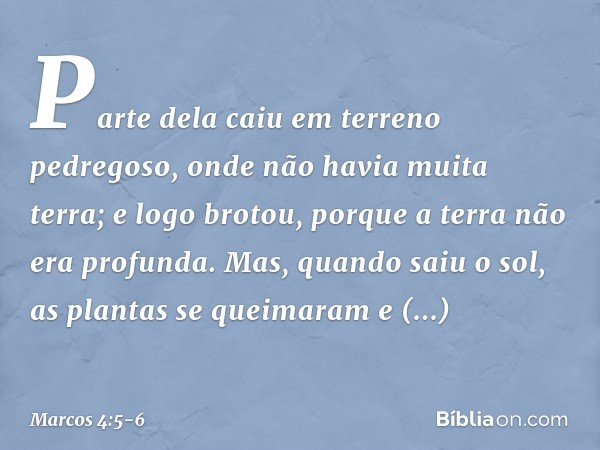 Parte dela caiu em terreno pedregoso, onde não havia muita terra; e logo brotou, porque a terra não era profunda. Mas, quando saiu o sol, as plantas se queimara