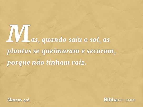 Mas, quando saiu o sol, as plantas se queimaram e secaram, porque não tinham raiz. -- Marcos 4:6