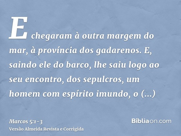 E chegaram à outra margem do mar, à província dos gadarenos.E, saindo ele do barco, lhe saiu logo ao seu encontro, dos sepulcros, um homem com espírito imundo,o