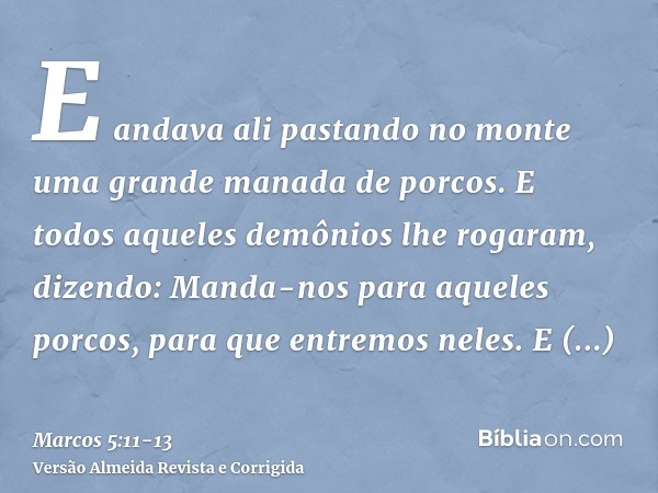 E andava ali pastando no monte uma grande manada de porcos.E todos aqueles demônios lhe rogaram, dizendo: Manda-nos para aqueles porcos, para que entremos neles