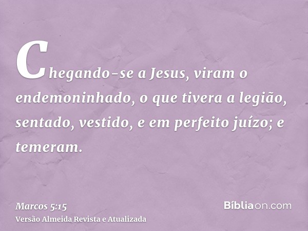 Chegando-se a Jesus, viram o endemoninhado, o que tivera a legião, sentado, vestido, e em perfeito juízo; e temeram.