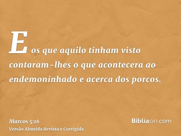 E os que aquilo tinham visto contaram-lhes o que acontecera ao endemoninhado e acerca dos porcos.