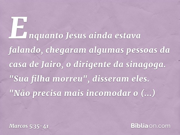 Enquanto Jesus ainda estava falando, chegaram algumas pessoas da casa de Jairo, o dirigente da sinagoga. "Sua filha morreu", disseram eles. "Não precisa mais in