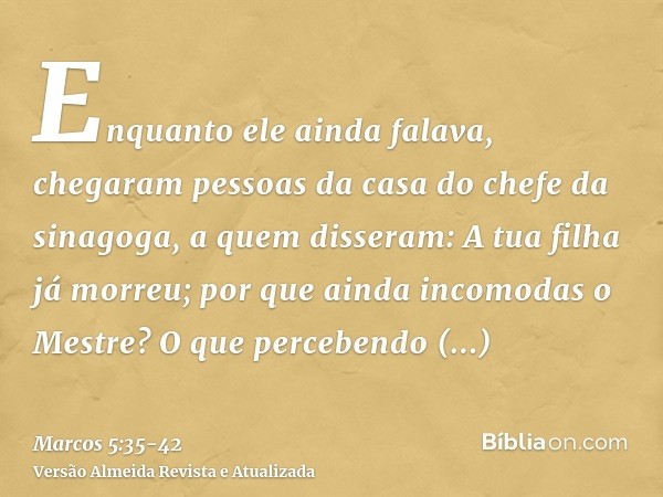 Enquanto ele ainda falava, chegaram pessoas da casa do chefe da sinagoga, a quem disseram: A tua filha já morreu; por que ainda incomodas o Mestre?O que percebe