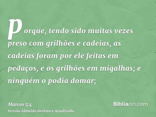 porque, tendo sido muitas vezes preso com grilhões e cadeias, as cadeias foram por ele feitas em pedaços, e os grilhões em migalhas; e ninguém o podia domar;