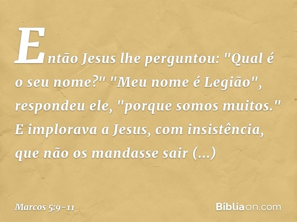 Então Jesus lhe perguntou: "Qual é o seu nome?"
"Meu nome é Legião", respondeu ele, "porque somos muitos." E implorava a Jesus, com insistência, que não os mand