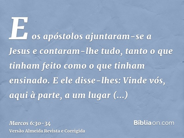 E os apóstolos ajuntaram-se a Jesus e contaram-lhe tudo, tanto o que tinham feito como o que tinham ensinado.E ele disse-lhes: Vinde vós, aqui à parte, a um lug