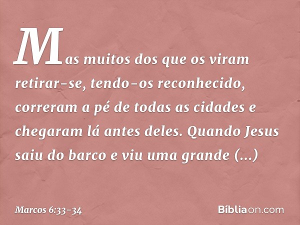 Mas muitos dos que os viram retirar-se, tendo-os reconhecido, correram a pé de todas as cidades e chegaram lá antes deles. Quando Jesus saiu do barco e viu uma 