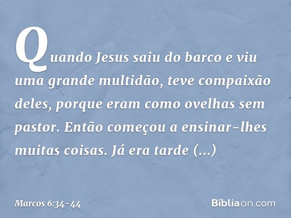 Quando Jesus saiu do barco e viu uma grande multidão, teve compaixão deles, porque eram como ovelhas sem pastor. Então começou a ensinar-lhes muitas coisas. Já 