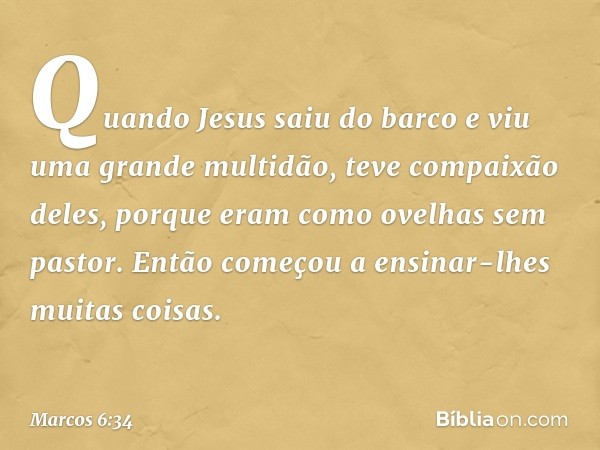 Quando Jesus saiu do barco e viu uma grande multidão, teve compaixão deles, porque eram como ovelhas sem pastor. Então começou a ensinar-lhes muitas coisas. -- 