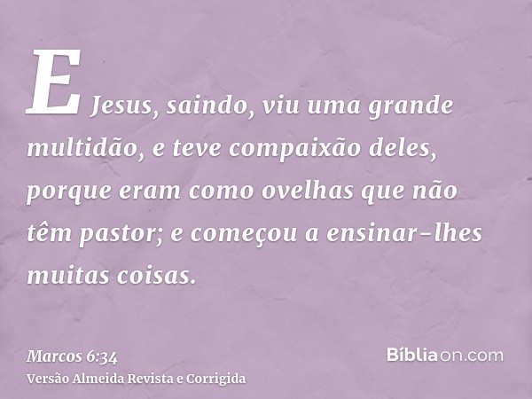 E Jesus, saindo, viu uma grande multidão, e teve compaixão deles, porque eram como ovelhas que não têm pastor; e começou a ensinar-lhes muitas coisas.