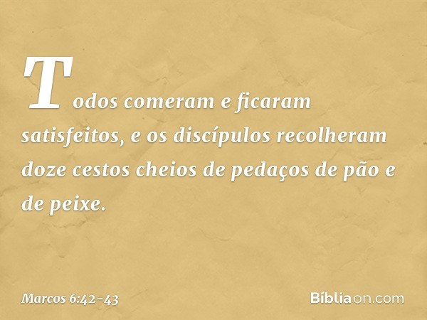 Todos comeram e ficaram satisfeitos, e os discípulos recolheram doze cestos cheios de pedaços de pão e de peixe. -- Marcos 6:42-43