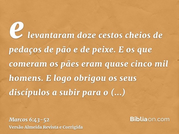 e levantaram doze cestos cheios de pedaços de pão e de peixe.E os que comeram os pães eram quase cinco mil homens.E logo obrigou os seus discípulos a subir para