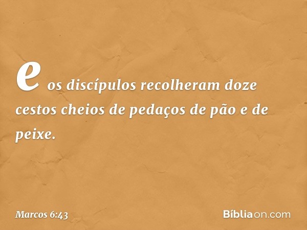 e os discípulos recolheram doze cestos cheios de pedaços de pão e de peixe. -- Marcos 6:43