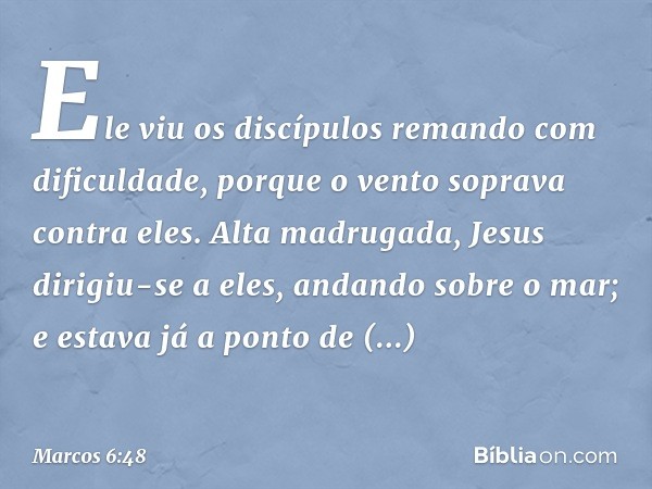 Ele viu os discípulos remando com dificuldade, porque o vento soprava contra eles. Alta madrugada, Jesus dirigiu-se a eles, andando sobre o mar; e estava já a p