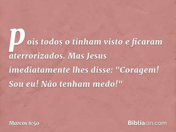 pois todos o tinham visto e ficaram aterrorizados. Mas Jesus imediatamente lhes disse: "Coragem! Sou eu! Não tenham medo!" -- Marcos 6:50