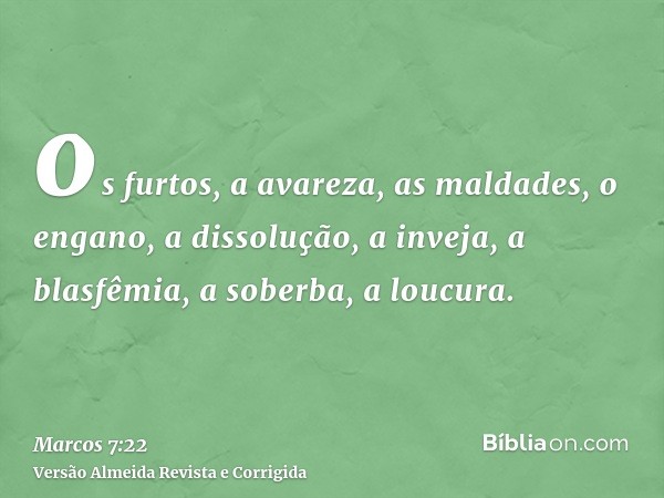 os furtos, a avareza, as maldades, o engano, a dissolução, a inveja, a blasfêmia, a soberba, a loucura.