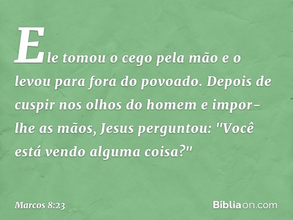 Ele tomou o cego pela mão e o levou para fora do povoado. Depois de cuspir nos olhos do homem e impor-lhe as mãos, Jesus perguntou: "Você está vendo alguma cois