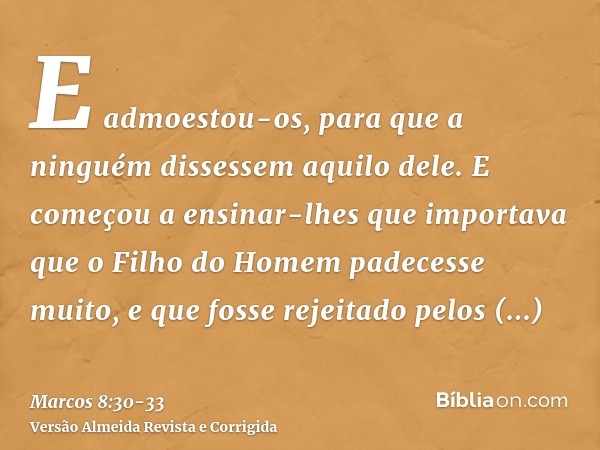 E admoestou-os, para que a ninguém dissessem aquilo dele.E começou a ensinar-lhes que importava que o Filho do Homem padecesse muito, e que fosse rejeitado pelo